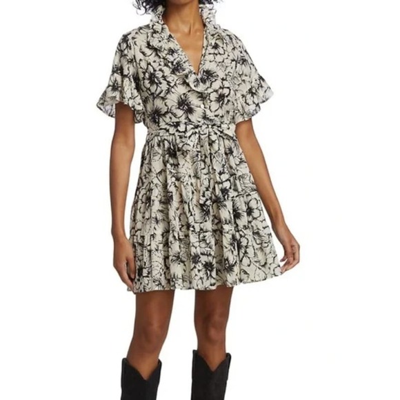 Mille Resort Womens Violetta Floral Ruffle Short Sleeve Tie Waist Mini Dress NWT - Picture 2 of 11